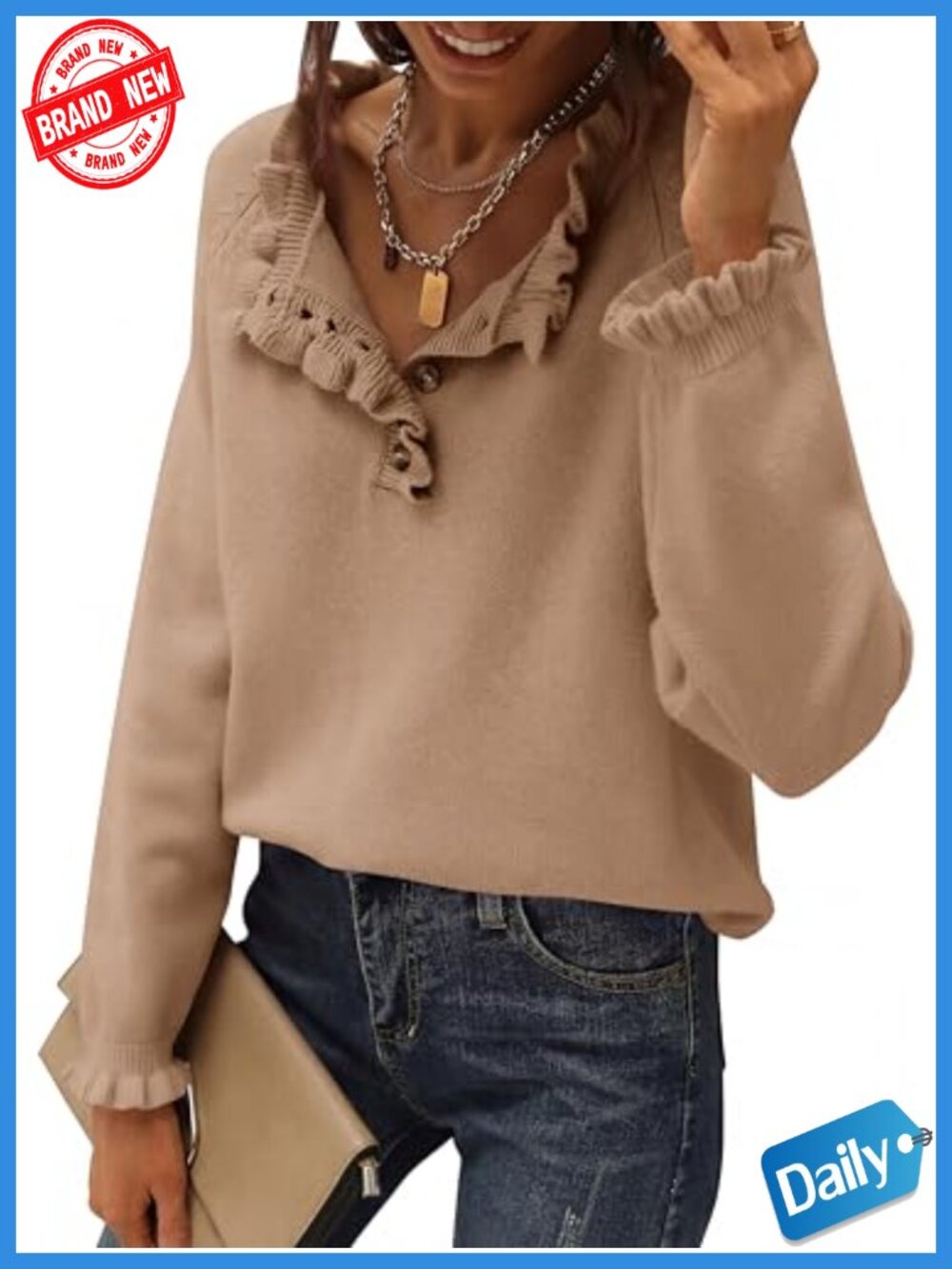 Womens Ruffle Button Knit Sweater Crew Neck Long Sleeve Pullover Loose Fit Fall